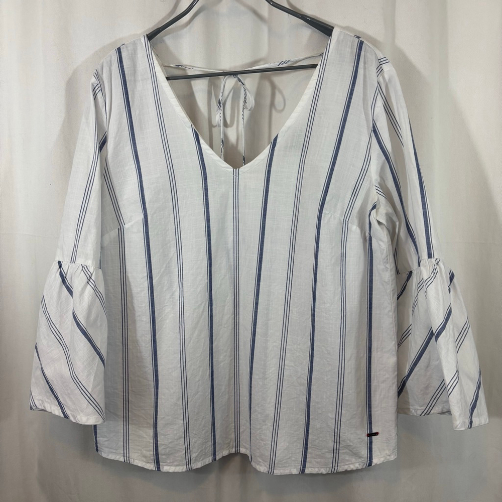 Women's Tommy Hilfiger White and Blue Striped Bell Sleeve Blouse Size Medium